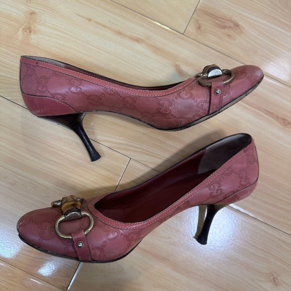 GUCCI Pump Leather HORSEBIT BAMBOO Gold HW Round Toe Sz 6.5 Pink Rose - Picture 3 of 10